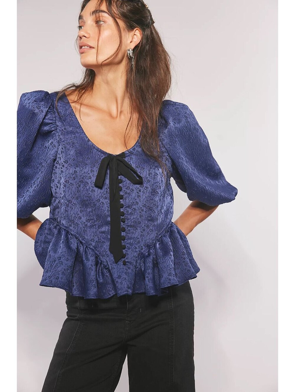 FREE PEOPLE NWT Pamela bow button front long sleeve's silky top